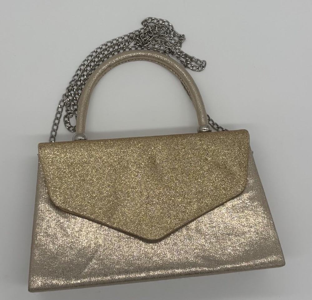 Dasein Women’s Metallic Gold Glitter Top Handle Clutch Chain Strap, Snap